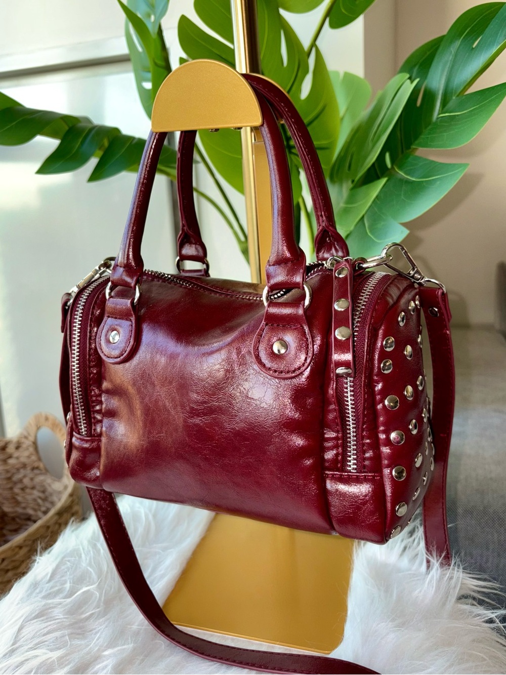 Mini Cherry Red Studded Bowler Bag Duffle Crossbody
